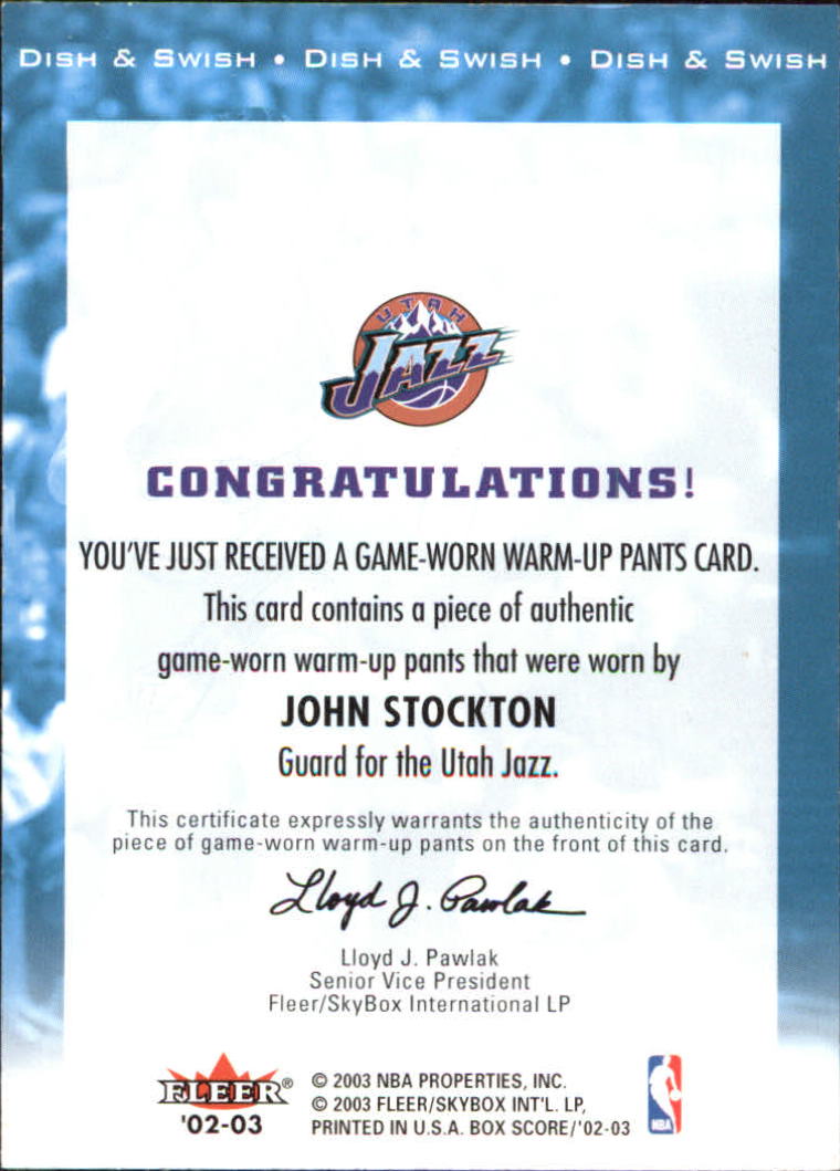 2002-03 Fleer Box Score Dish and Swish Memorabilia #15 John Stockton Pants back image