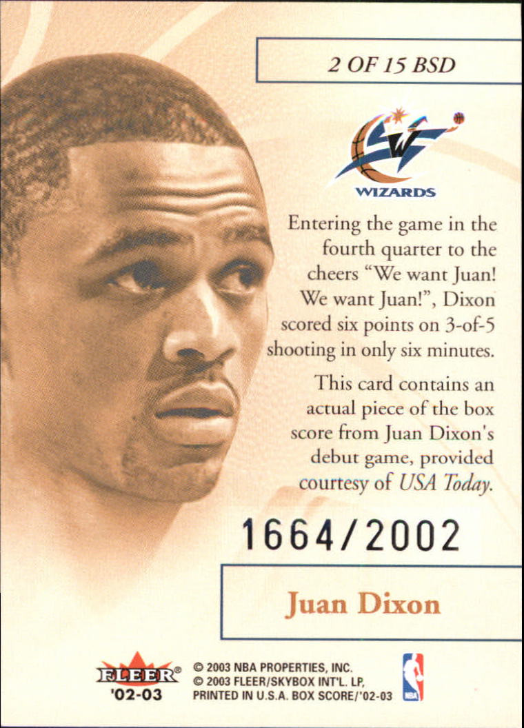 2002-03 Fleer Box Score Box Score Debuts #2 Juan Dixon back image