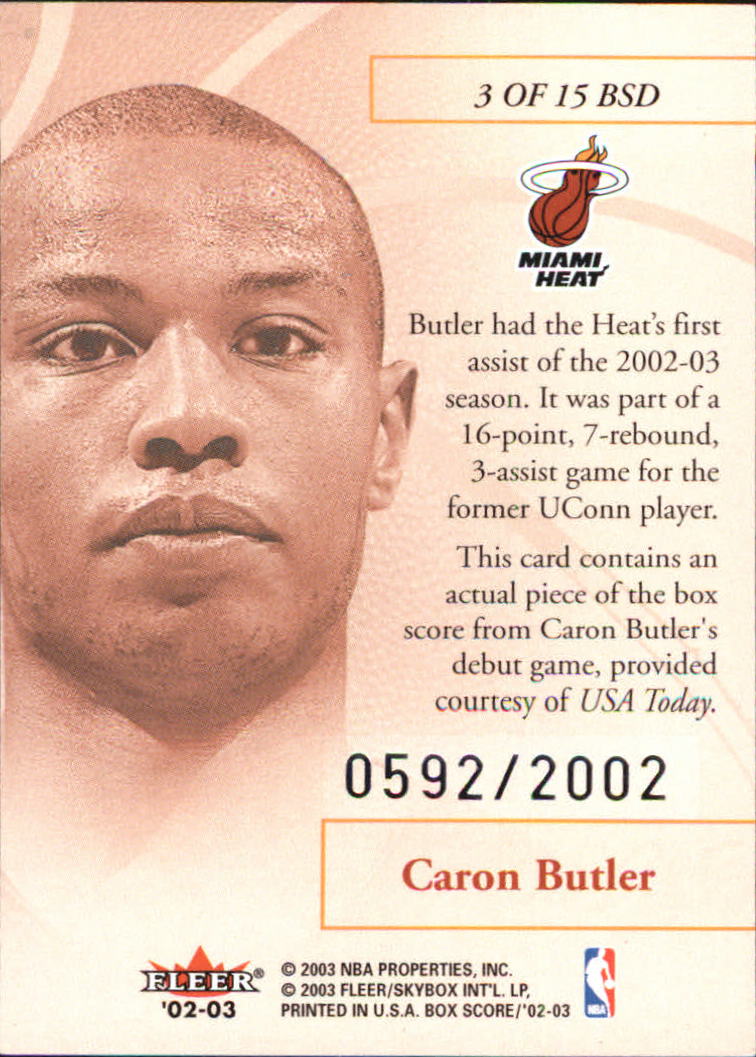 2002-03 Fleer Box Score Box Score Debuts #3 Caron Butler back image