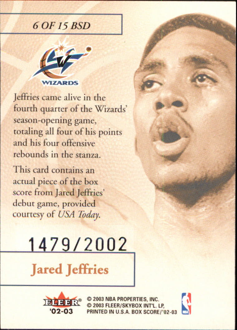 2002-03 Fleer Box Score Box Score Debuts #6 Jared Jeffries back image