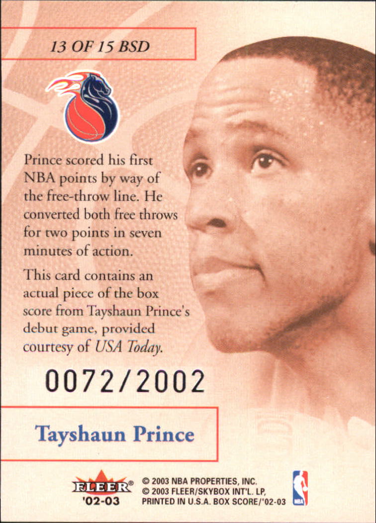 2002-03 Fleer Box Score Box Score Debuts #13 Tayshaun Prince back image