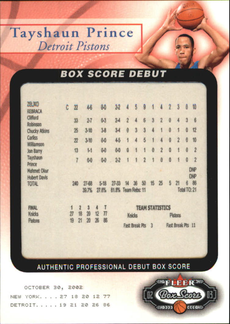 2002-03 Fleer Box Score Box Score Debuts #13 Tayshaun Prince