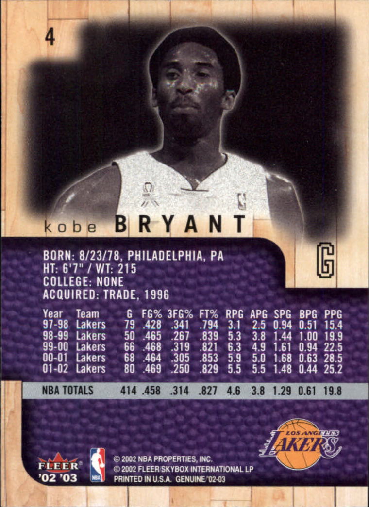 2002-03 Fleer Genuine #4 Kobe Bryant back image