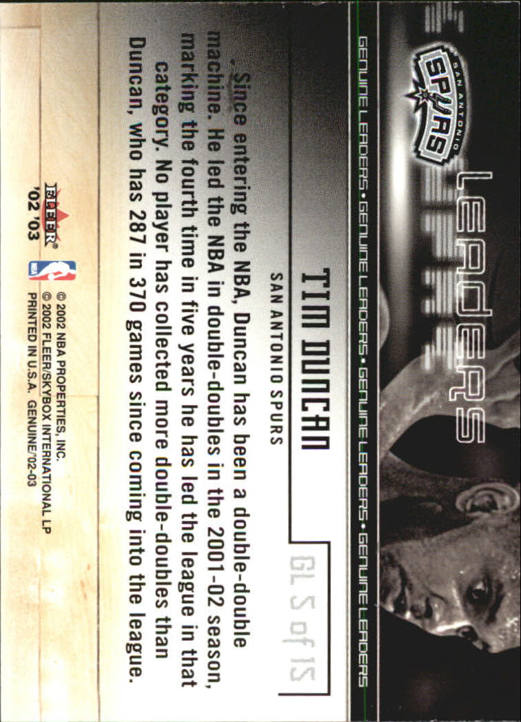 2002-03 Fleer Genuine Leaders #5 Tim Duncan back image