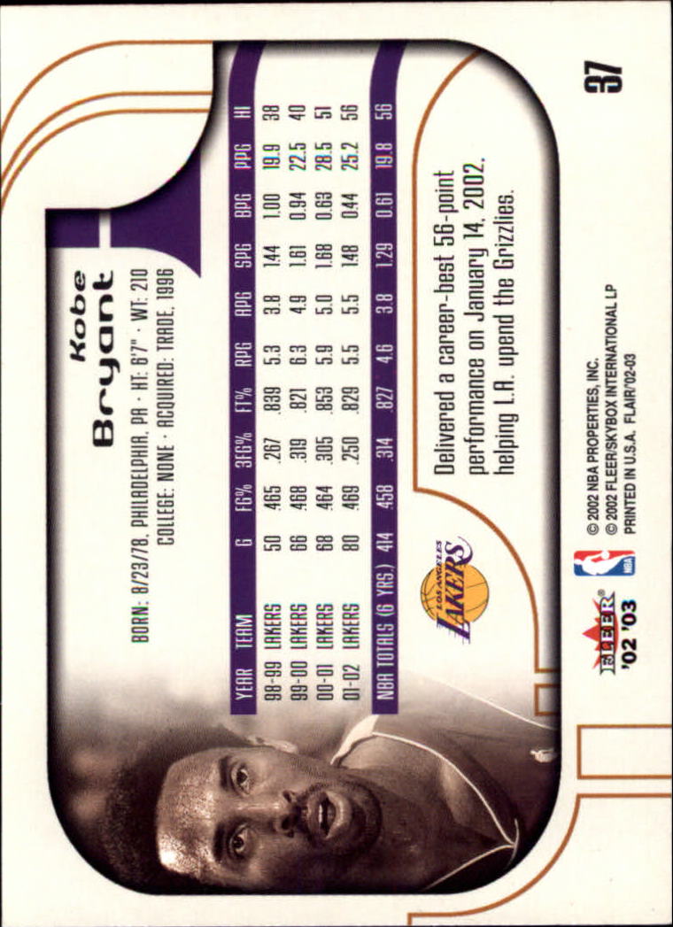 2002-03 Flair #37 Kobe Bryant back image