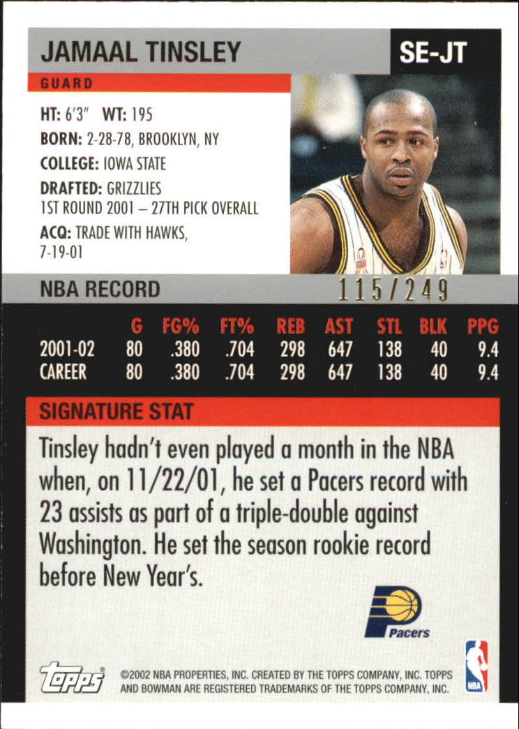 2002-03 Bowman Signature Edition Parallel #SEJT Jamaal Tinsley back image
