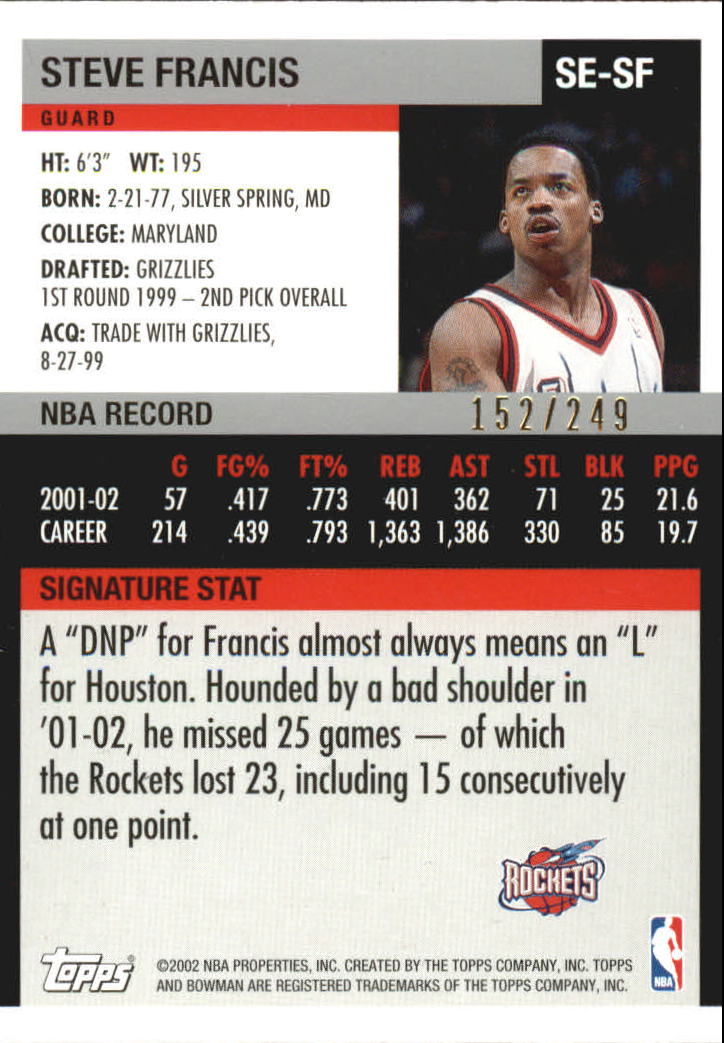 2002-03 Bowman Signature Edition Parallel #SESF Steve Francis back image