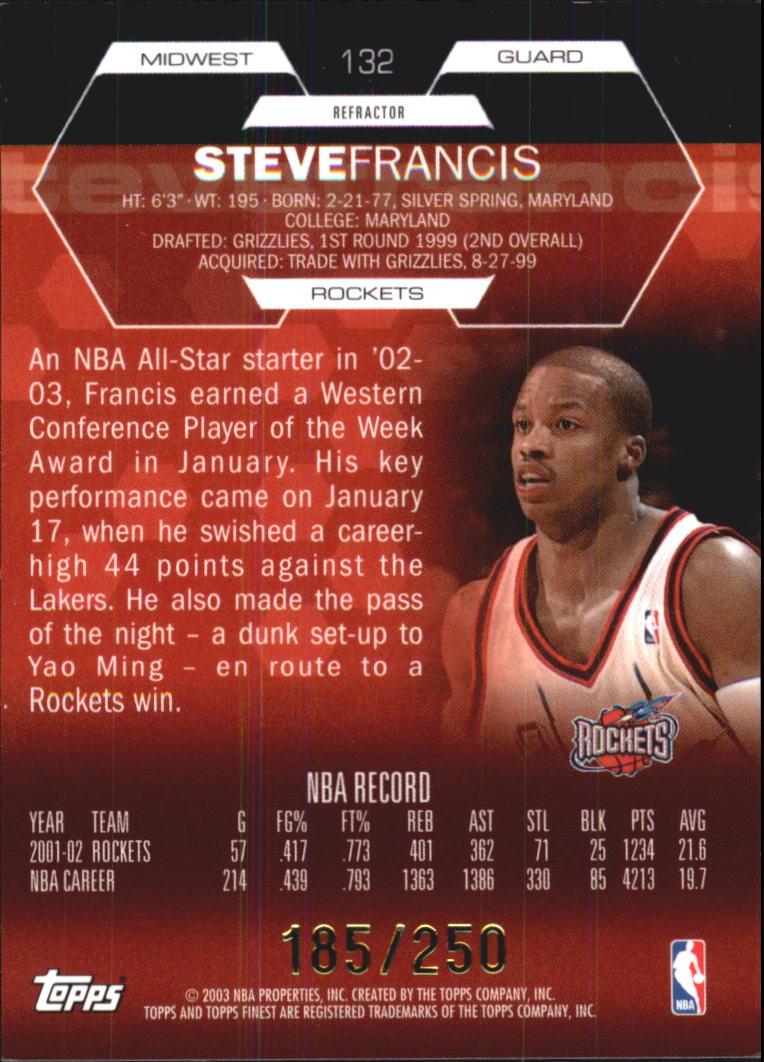 2002-03 Finest Refractors #132 Steve Francis JSY back image