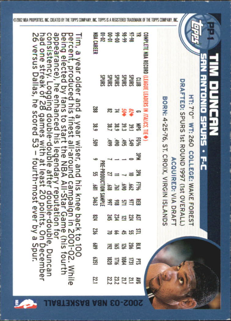 2002-03 Topps Promos #PP1 Tim Duncan back image