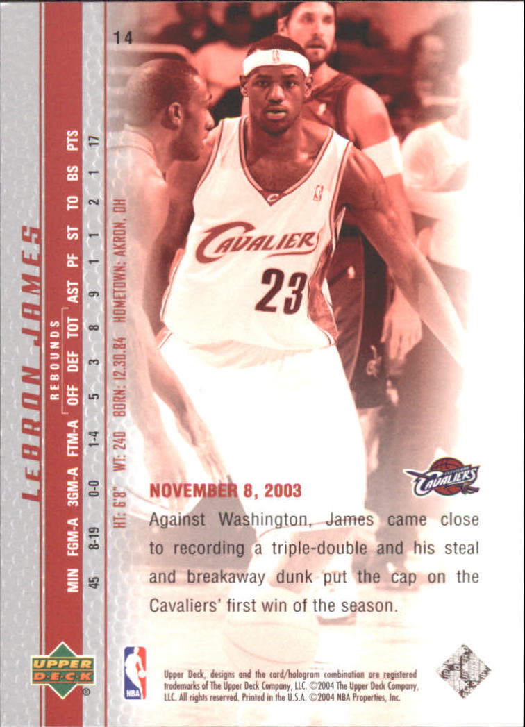 2003-04 Upper Deck Phenomenal Beginning LeBron James #14 LeBron James/James stays focused back image