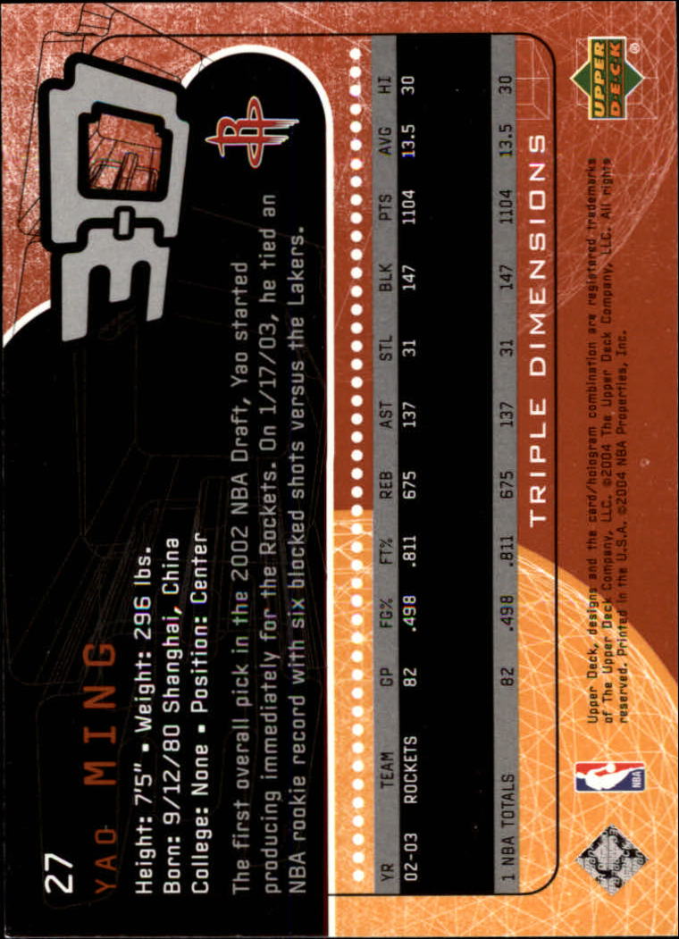 2003-04 Upper Deck Triple Dimensions #27 Yao Ming back image