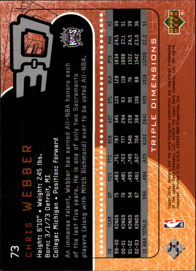 2003-04 Upper Deck Triple Dimensions #73 Chris Webber back image