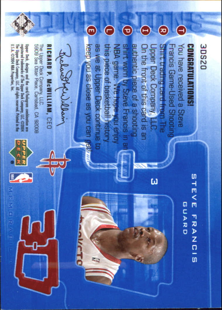 2003-04 Upper Deck Triple Dimensions 3-D Shooting Shirts #S20 Steve Francis