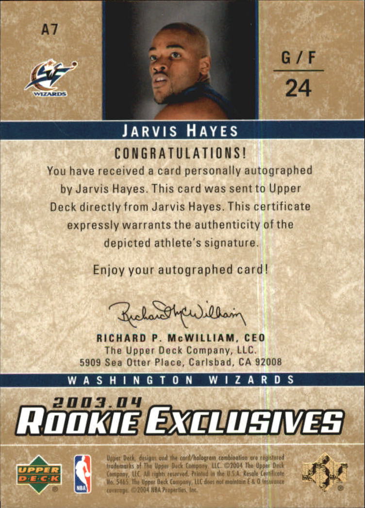 2003-04 Upper Deck Rookie Exclusives Autographs #A7 Jarvis Hayes back image