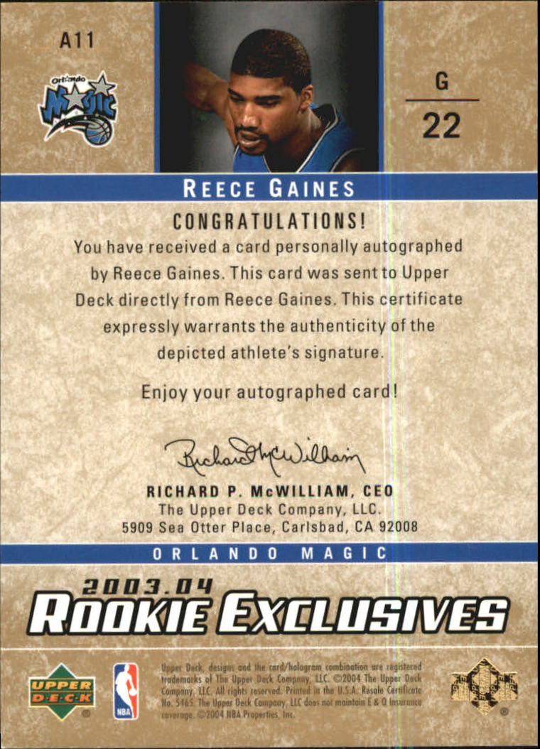 2003-04 Upper Deck Rookie Exclusives Autographs #A11 Reece Gaines back image