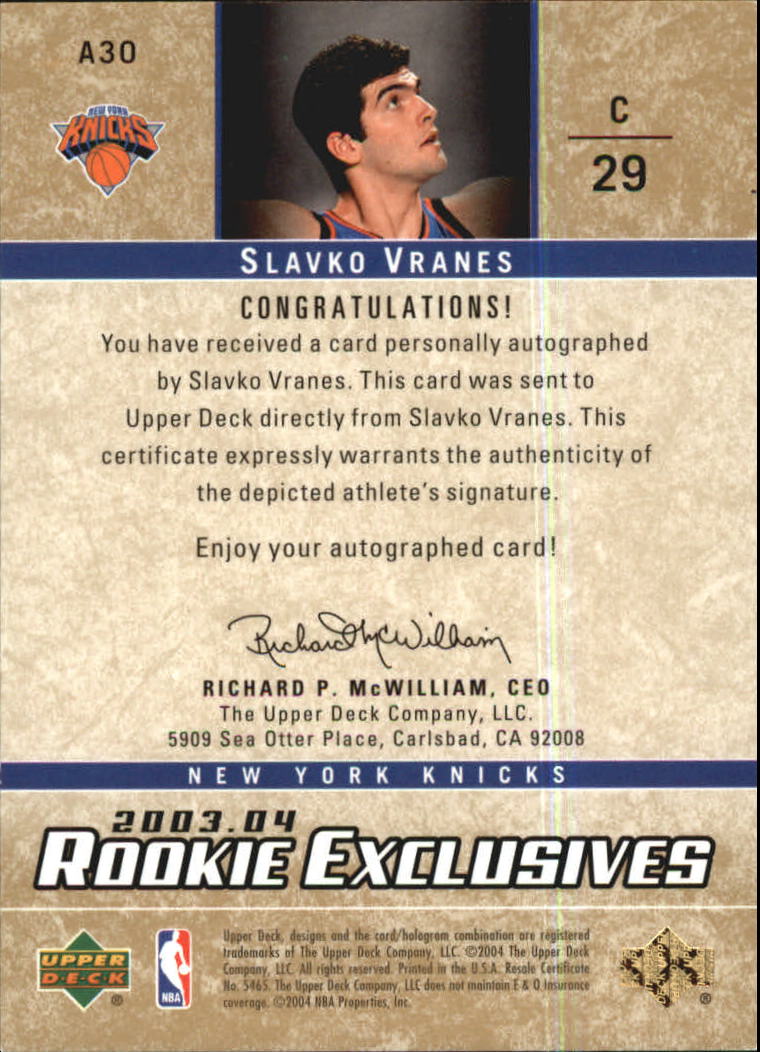 2003-04 Upper Deck Rookie Exclusives Autographs #A30 Slavko Vranes back image