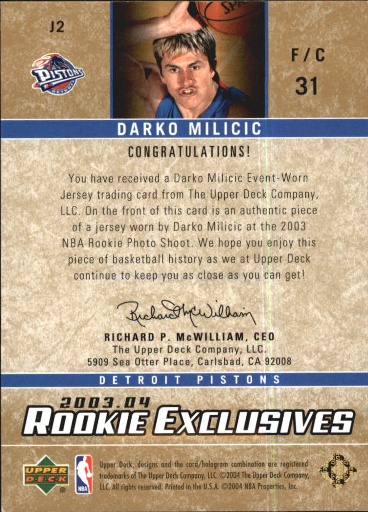 2003-04 Upper Deck Rookie Exclusives Jerseys #J2 Darko Milicic back image