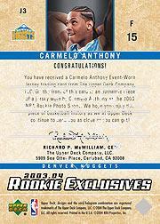 2003-04 Upper Deck Rookie Exclusives Jerseys #J3 Carmelo Anthony back image