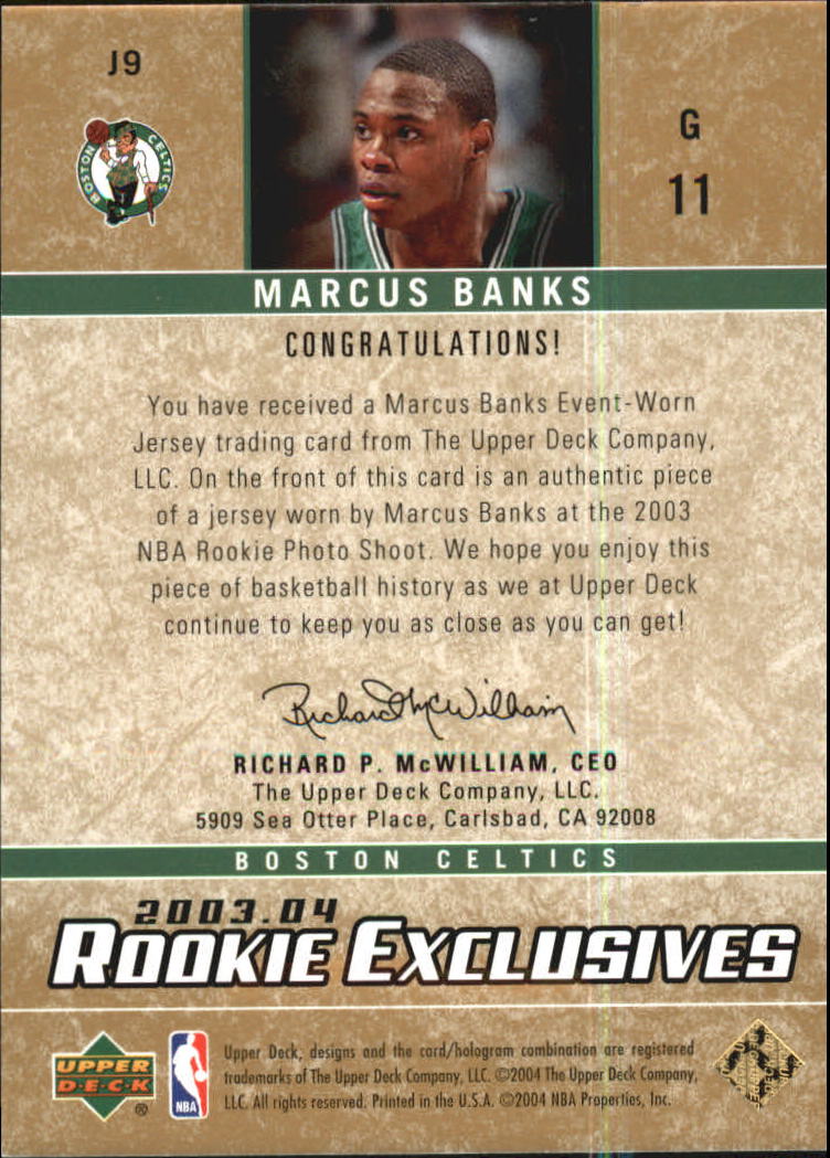 2003-04 Upper Deck Rookie Exclusives Jerseys #J9 Marcus Banks back image