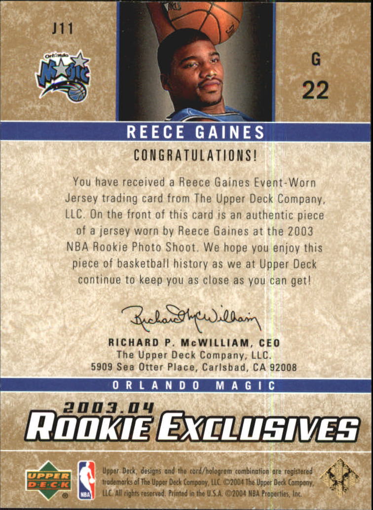 2003-04 Upper Deck Rookie Exclusives Jerseys #J11 Reece Gaines back image