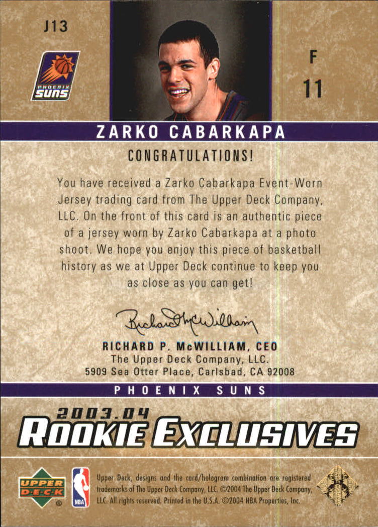 2003-04 Upper Deck Rookie Exclusives Jerseys #J13 Zarko Cabarkapa back image