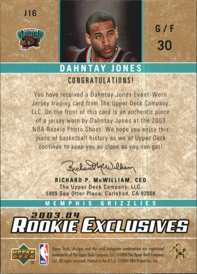 2003-04 Upper Deck Rookie Exclusives Jerseys #J16 Dahntay Jones back image