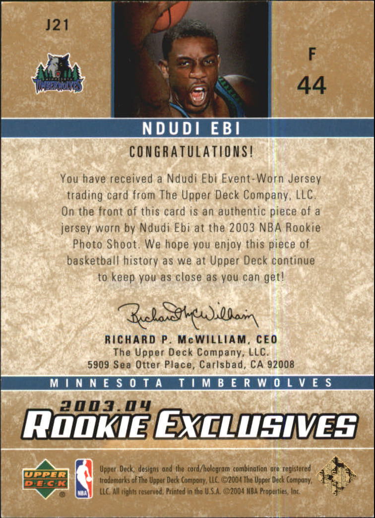 2003-04 Upper Deck Rookie Exclusives Jerseys #J21 Ndudi Ebi back image