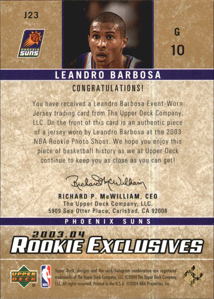 2003-04 Upper Deck Rookie Exclusives Jerseys #J23 Leandro Barbosa back image