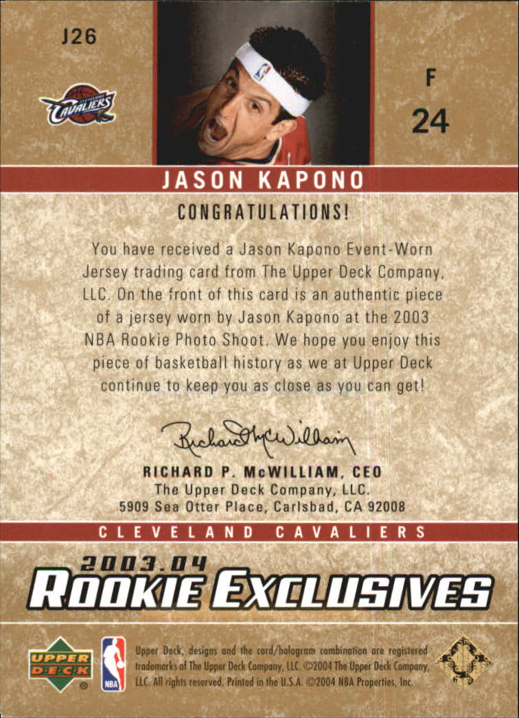 2003-04 Upper Deck Rookie Exclusives Jerseys #J26 Jason Kapono back image