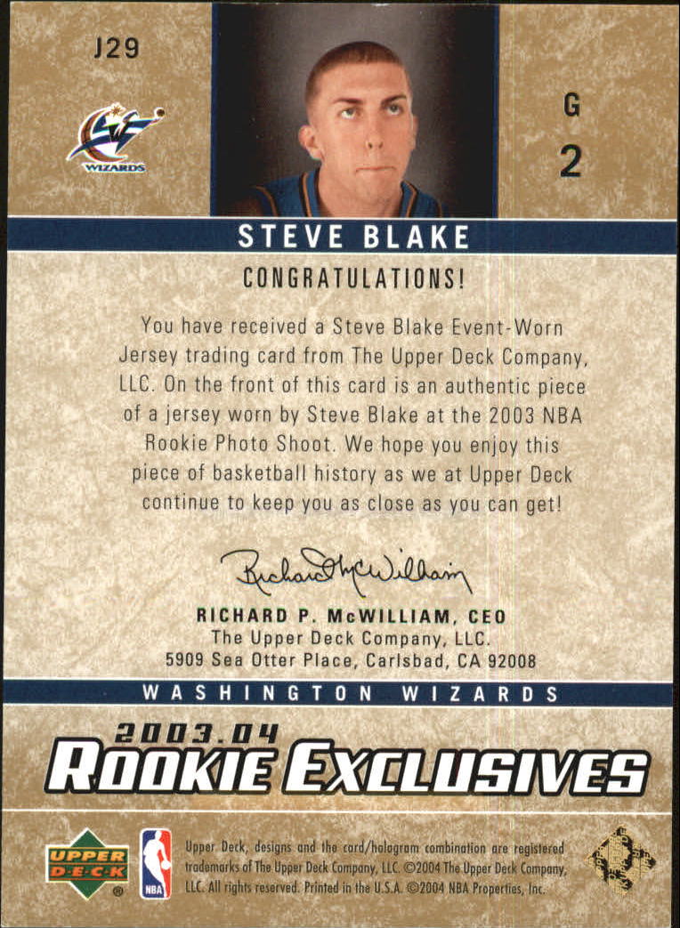 2003-04 Upper Deck Rookie Exclusives Jerseys #J29 Steve Blake back image