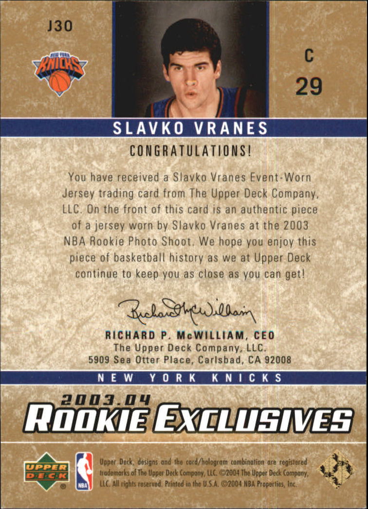 2003-04 Upper Deck Rookie Exclusives Jerseys #J30 Slavko Vranes back image