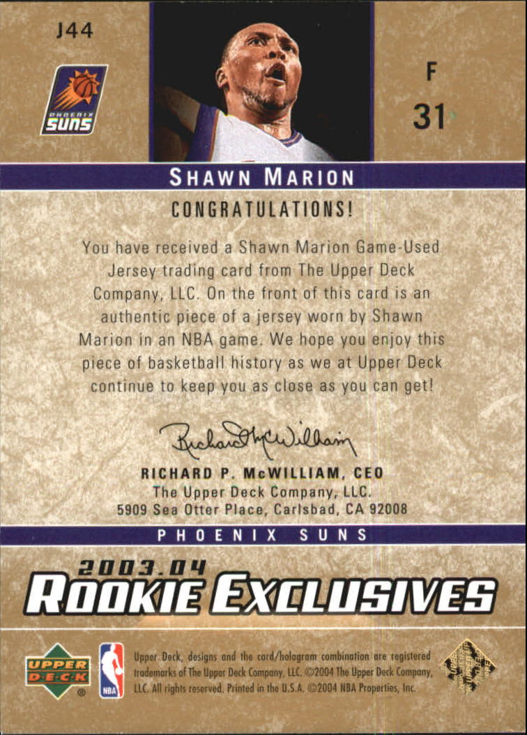 2003-04 Upper Deck Rookie Exclusives Jerseys #J44 Shawn Marion back image