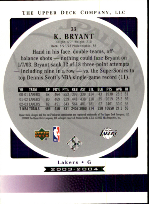 2003-04 Upper Deck Standing O #33 Kobe Bryant back image