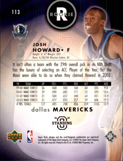 2003-04 Upper Deck Standing O #113 Josh Howard RC back image