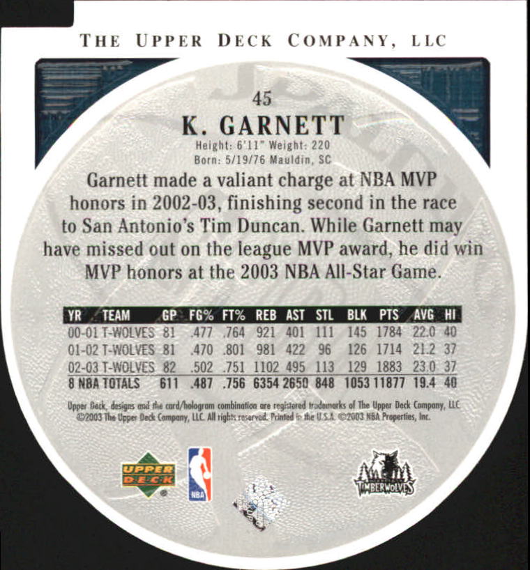 2003-04 Upper Deck Standing O Die Cuts/Embossed #45 Kevin Garnett back image