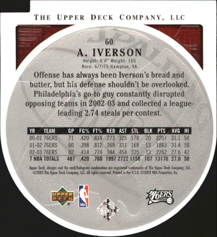 2003-04 Upper Deck Standing O Die Cuts/Embossed #60 Allen Iverson back image