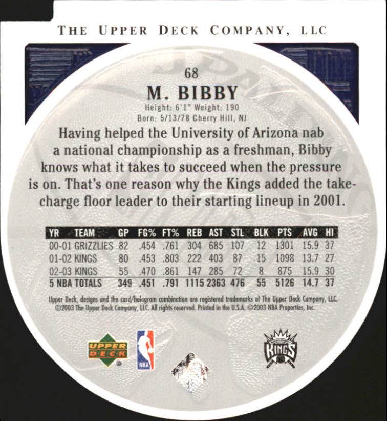 2003-04 Upper Deck Standing O Die Cuts/Embossed #68 Mike Bibby back image