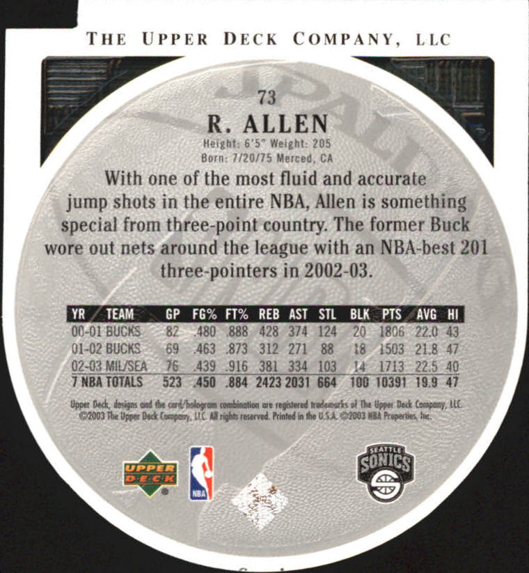 2003-04 Upper Deck Standing O Die Cuts/Embossed #73 Ray Allen back image