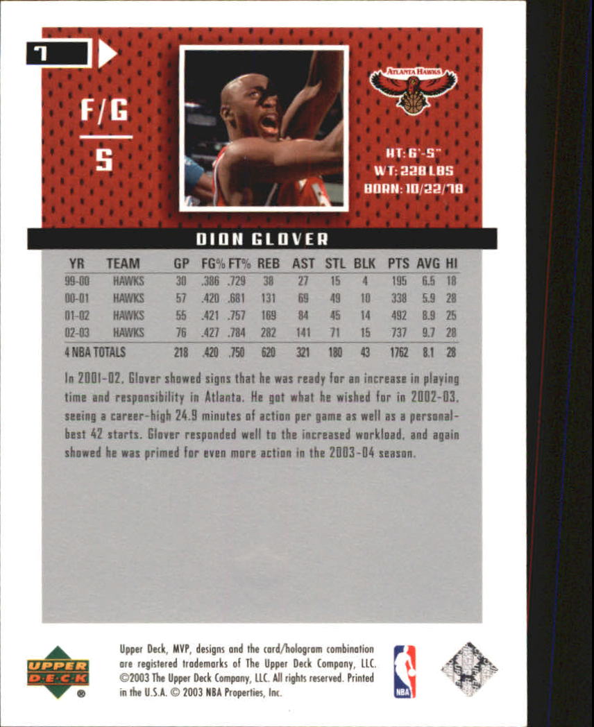 2003-04 Upper Deck MVP Gold #7 Dion Glover back image