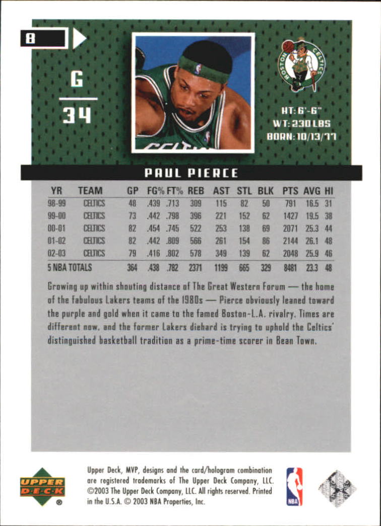2003-04 Upper Deck MVP Silver #8 Paul Pierce back image