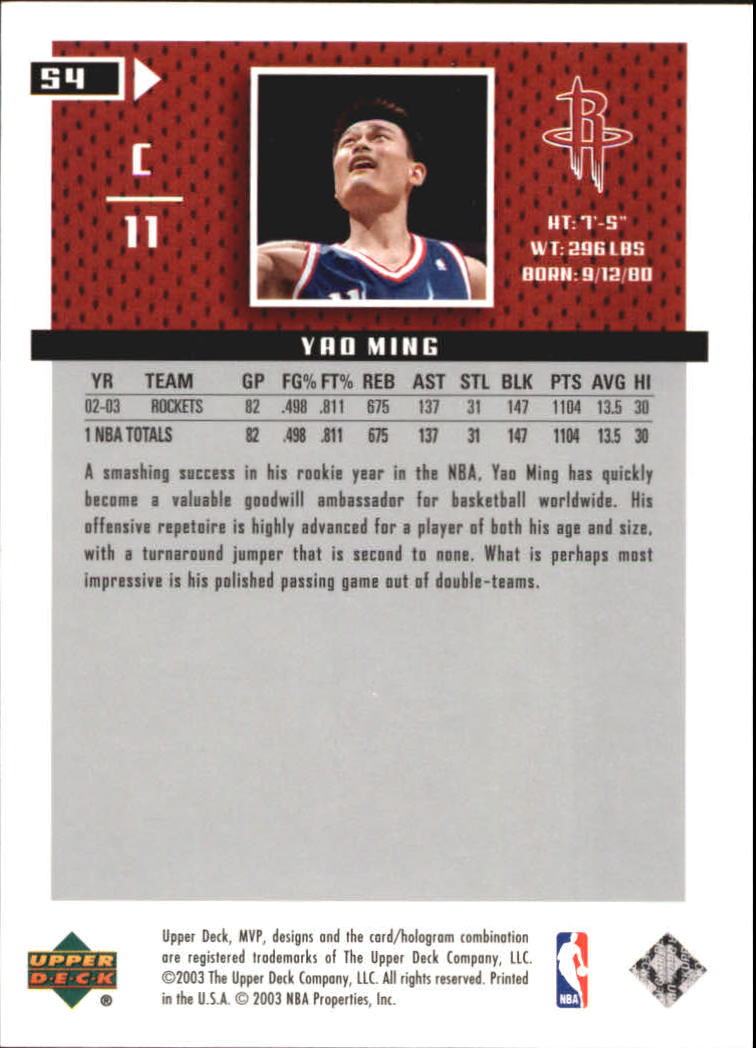 2003-04 Upper Deck MVP Silver #54 Yao Ming back image