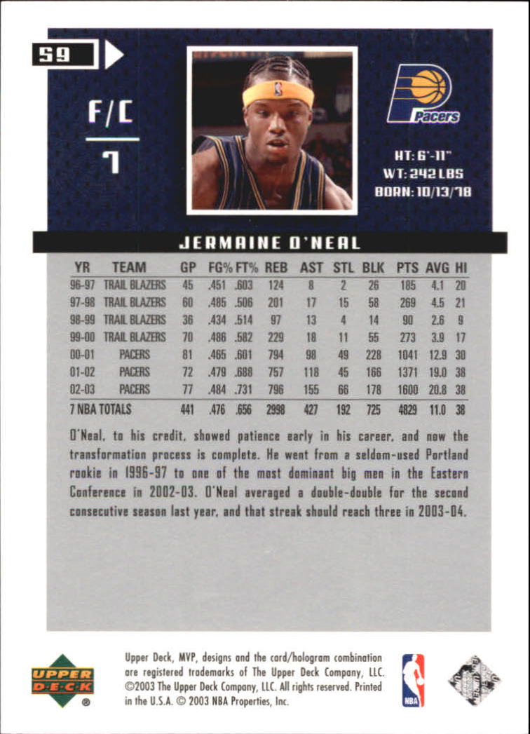 2003-04 Upper Deck MVP Silver #59 Jermaine ONeal back image