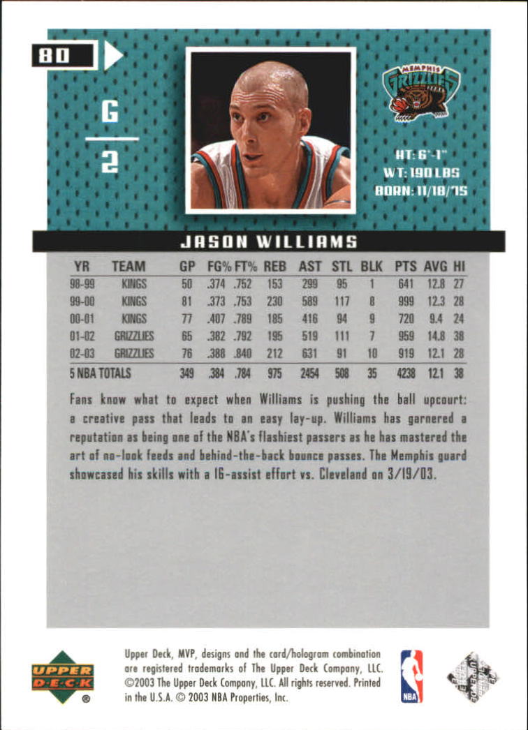 2003-04 Upper Deck MVP Silver #80 Jason Williams back image