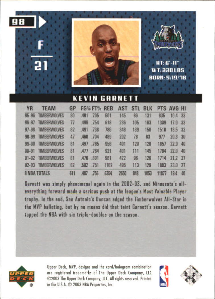 2003-04 Upper Deck MVP Silver #98 Kevin Garnett back image