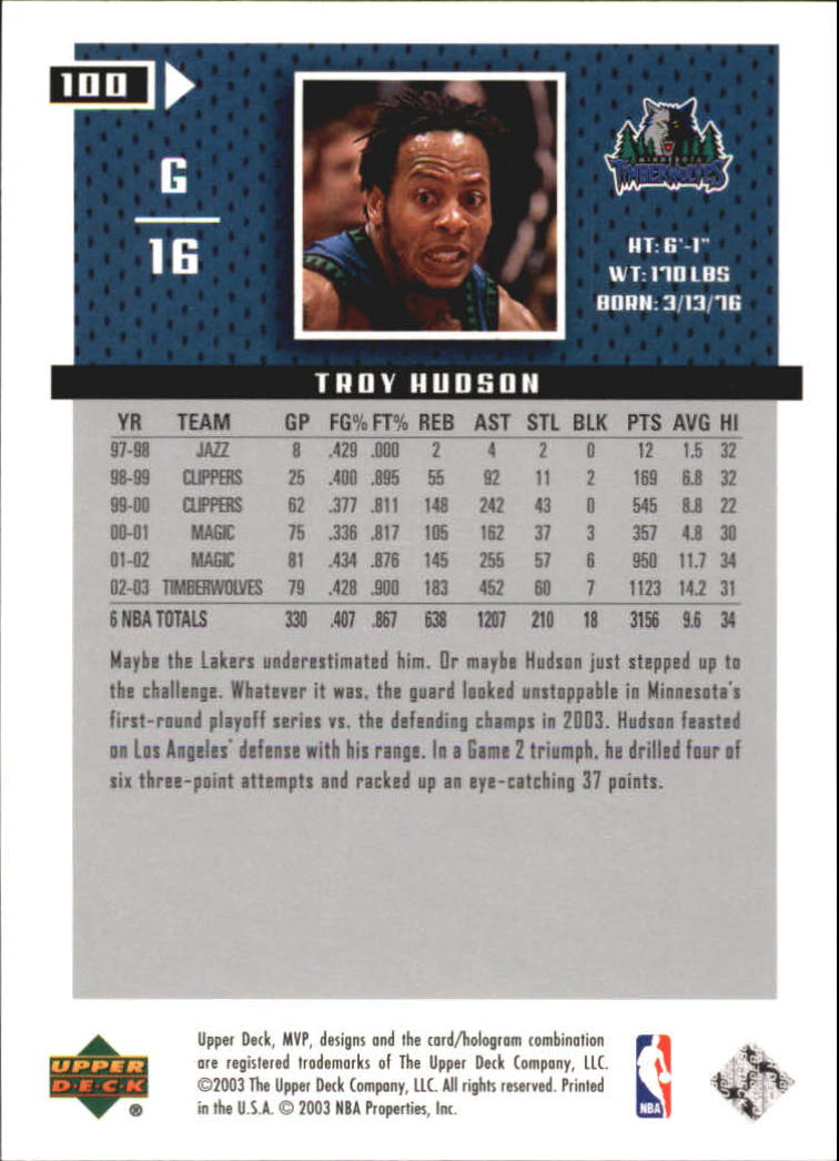 2003-04 Upper Deck MVP Silver #100 Troy Hudson back image
