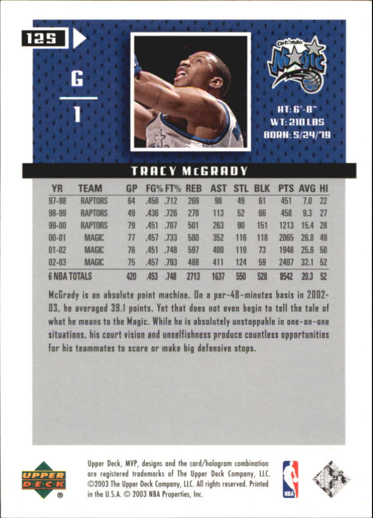 2003-04 Upper Deck MVP Silver #125 Tracy McGrady back image