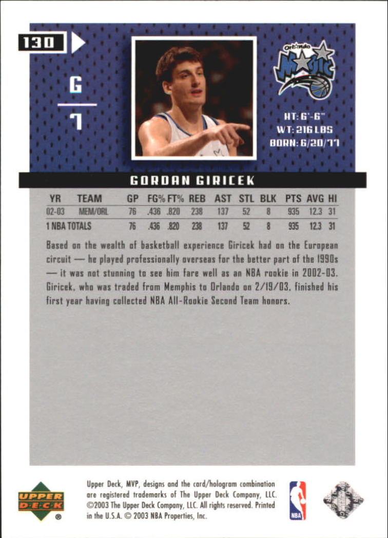 2003-04 Upper Deck MVP Silver #130 Gordan Giricek back image
