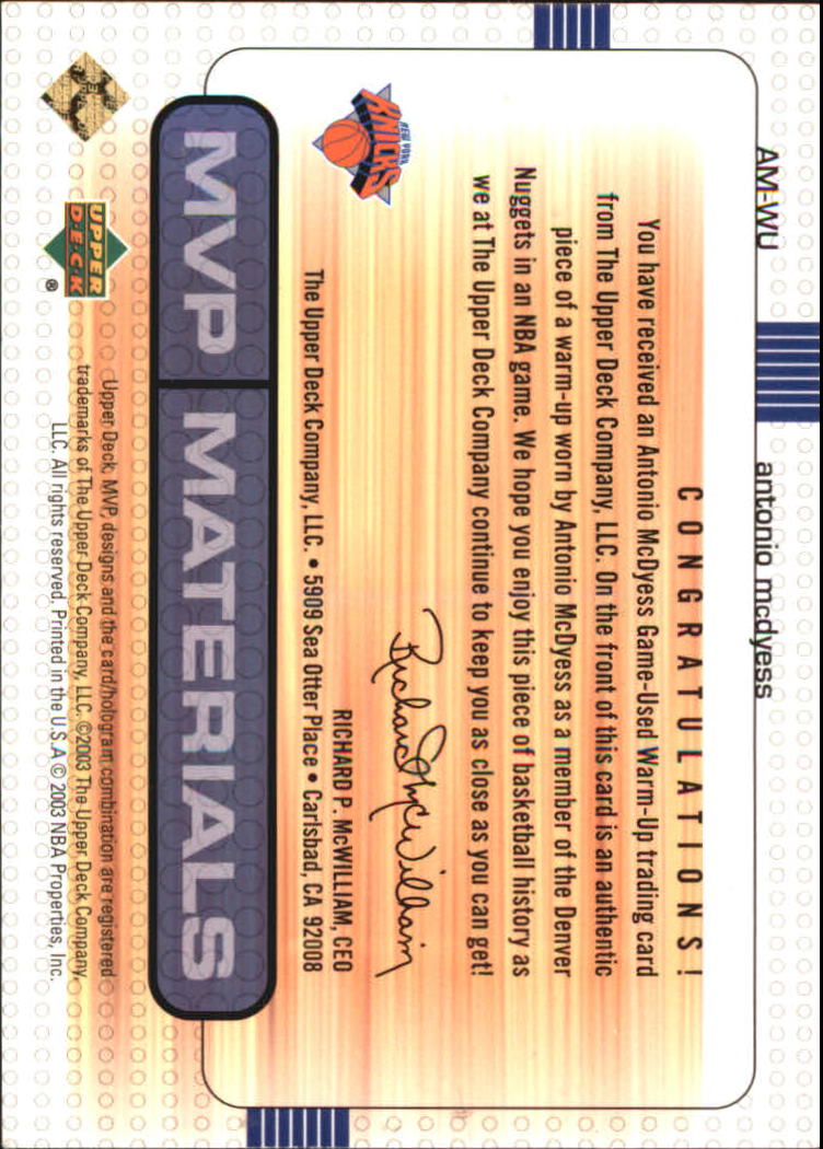 2003-04 Upper Deck MVP Materials Warmups #AMWU Antonio McDyess back image