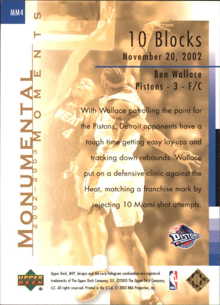 2003-04 Upper Deck MVP Monumental Moments #MM4 Ben Wallace back image