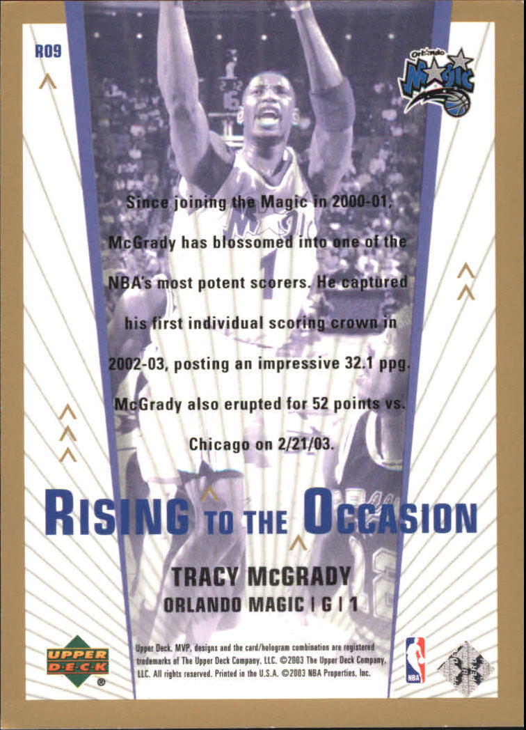 2003-04 Upper Deck MVP Rising to the Occasion Gold #RO9 Tracy McGrady back image